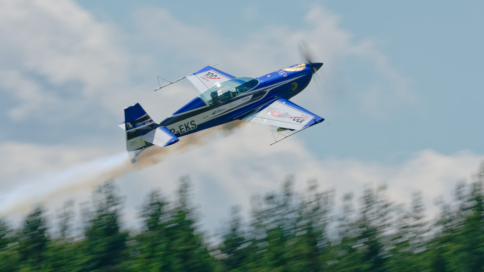 Low inverted pass of the Extra 300L over the forest near the Tatras